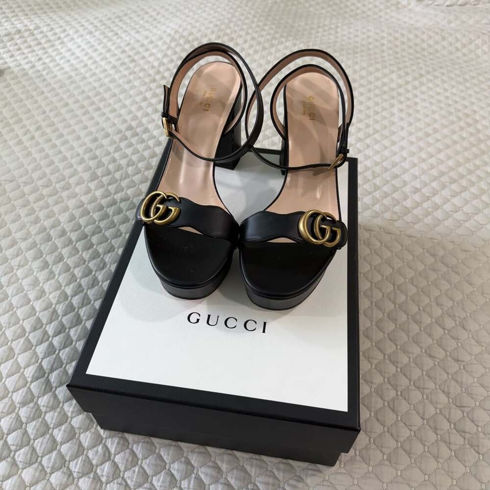 Gucci Black Leather GG Marmont Ankle Strap Platform Sandals Size 39